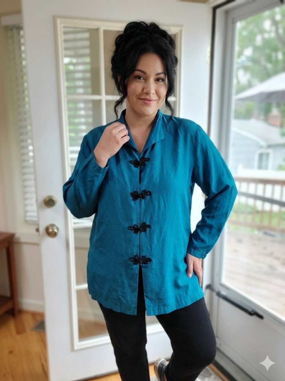 Teal Bogari Studio Mandarin Collar Silk Blouse